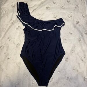 Navy Blue Ruffle Trim One-Shoulder J.Crew One Piece Size Large
